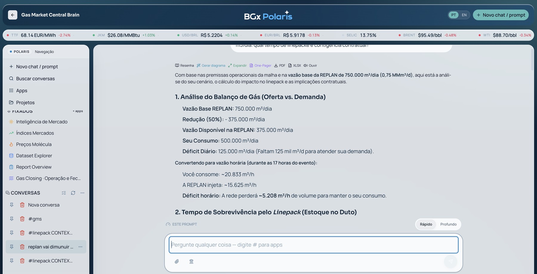 Tela do BGx Polaris respondendo, com cálculo aberto, ao impacto de uma redução de vazão no balanço de gás